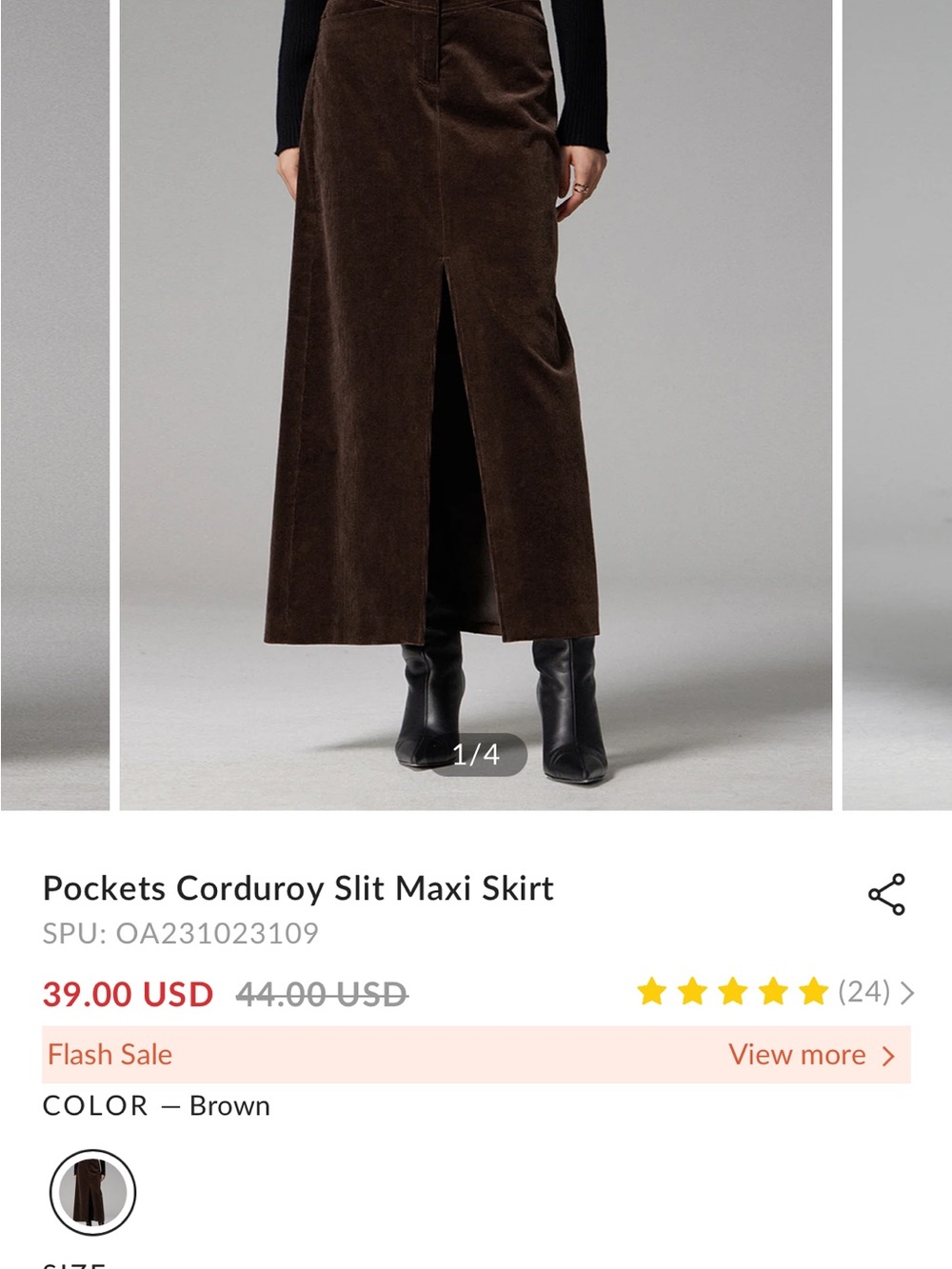 BNWT Commense Brown Corduroy Maxi Skirt with Front Slit